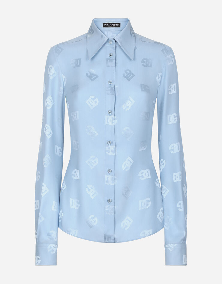 Dolce & Gabbana Silk jacquard shirt with all-over DG logo Azure F5Q53TFJ1JO