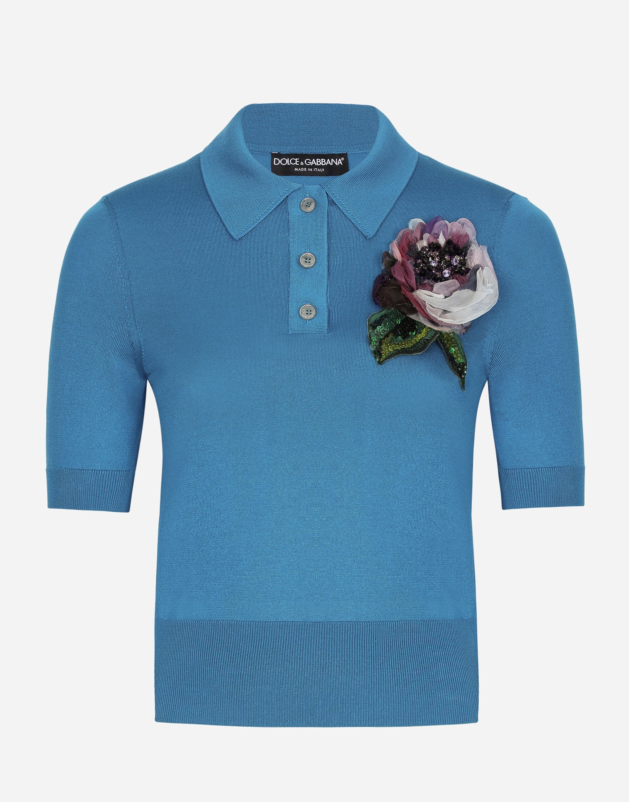 ${brand} Silk polo-shirt with flower appliqué ${colorDescription} ${masterID}