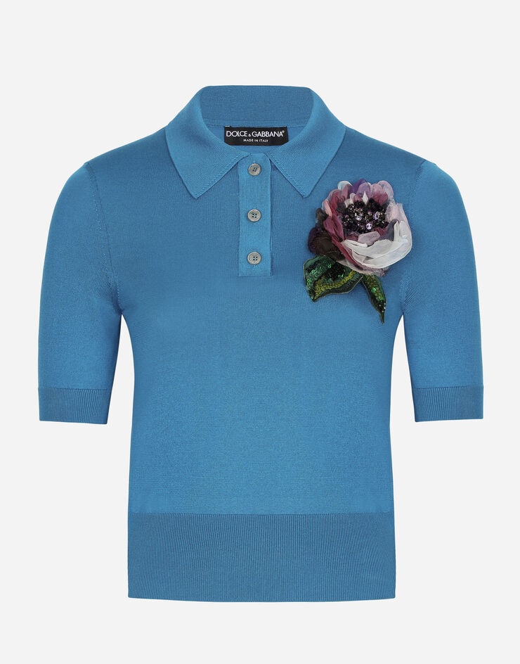 Poloshirt aus Seide | Grün für Dolce&Gabbana® in mit Damen Blumenapplikation