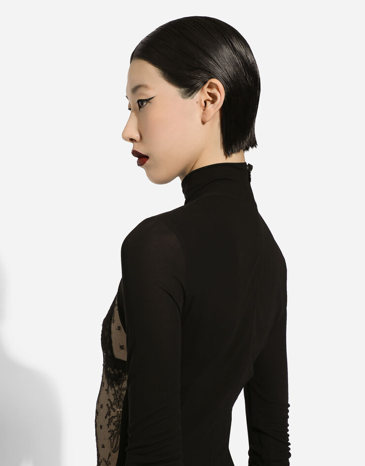 Dolce&Gabbana Jersey calf-length dress with Chantilly lace insert Black F6DJNTFU7DK