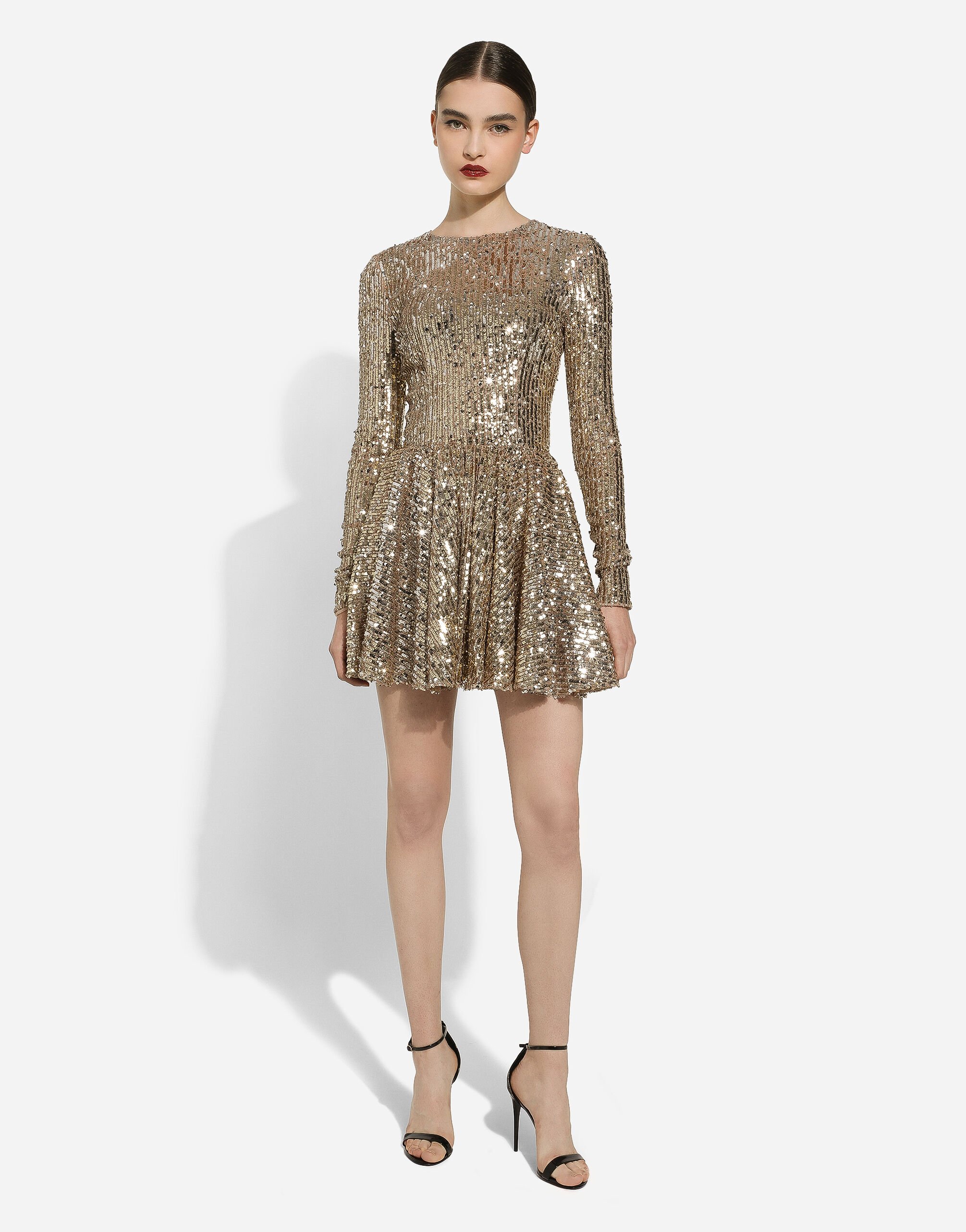 Short sequined dress with circle skirt in Gold for | Dolce&Gabbana® US