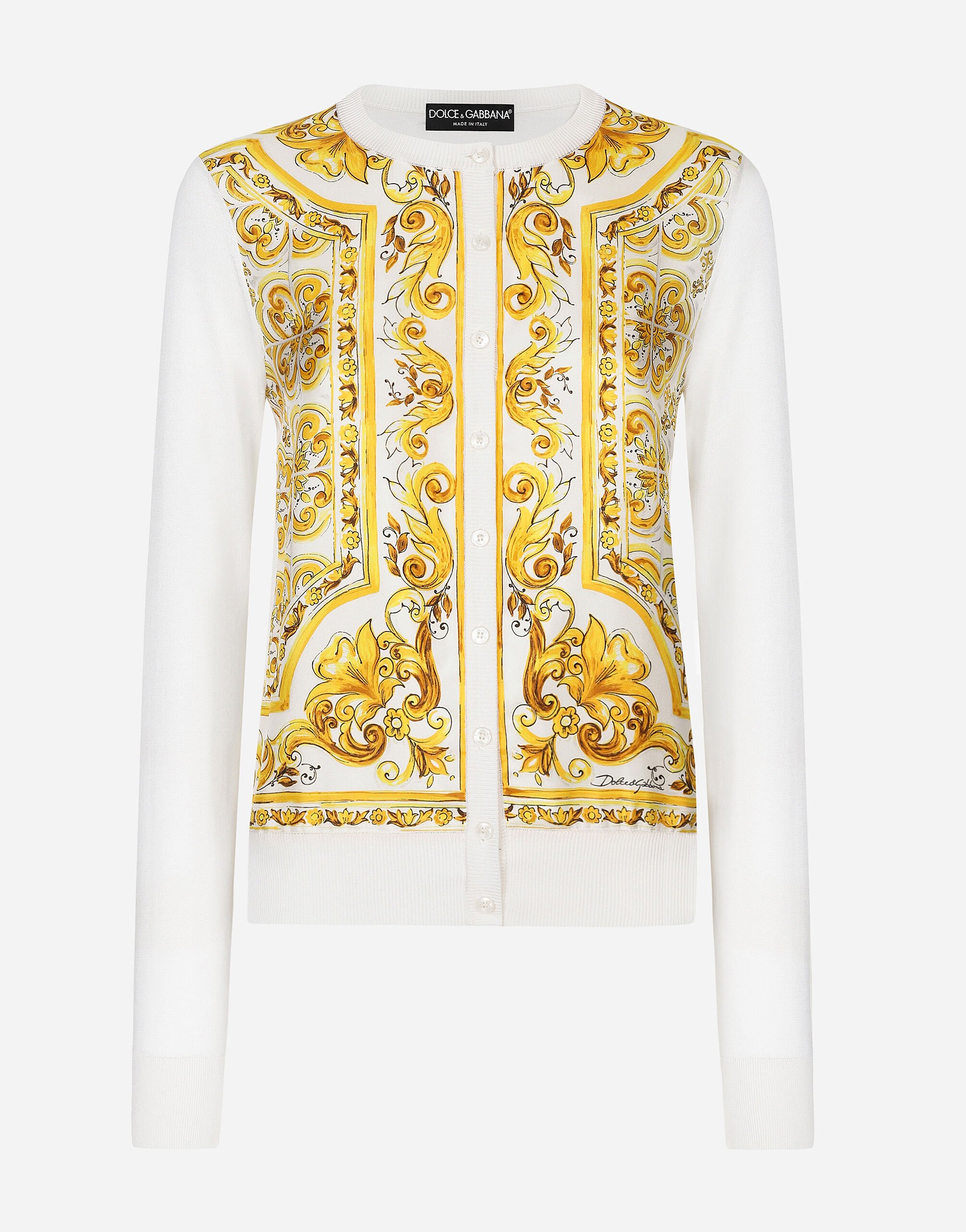Dolce & Gabbana Cárdigan de seda con panel frontal en sarga de seda con estampado Maiolica Imprima FXV07TJAHKG