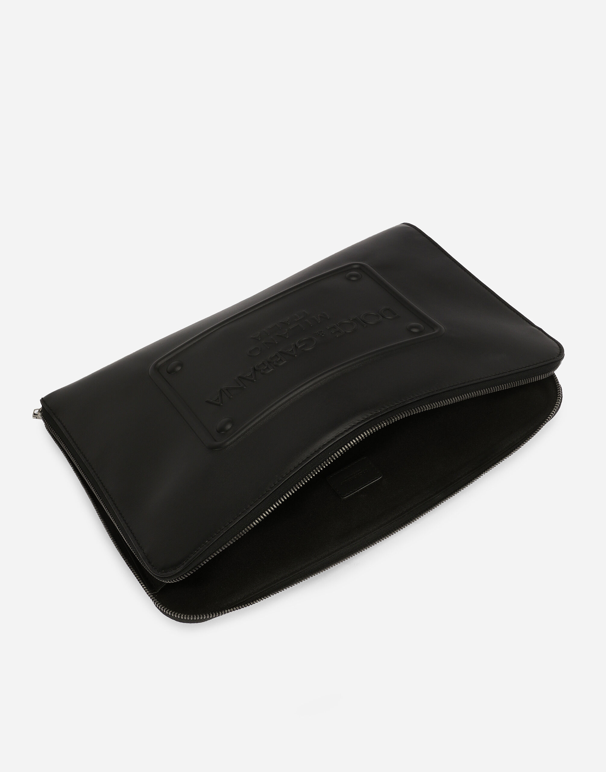 Large calfskin pouch with raised logo
