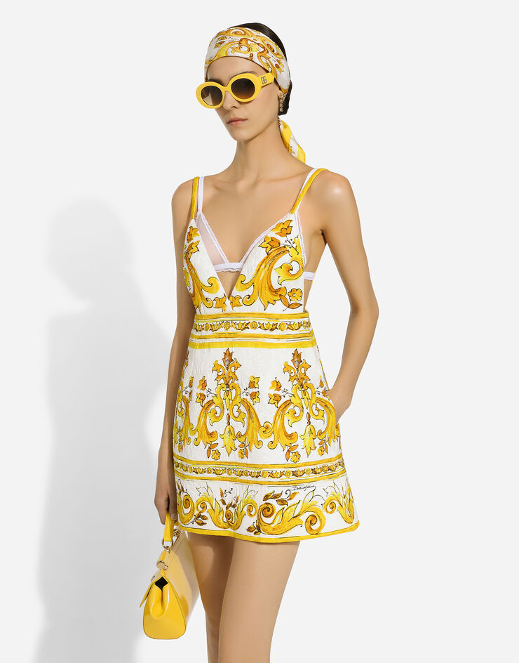 Dolce & Gabbana 마욜리카 프린트 브로케이드 스트랩 미니드레스 인쇄 F6JIATFPTAW