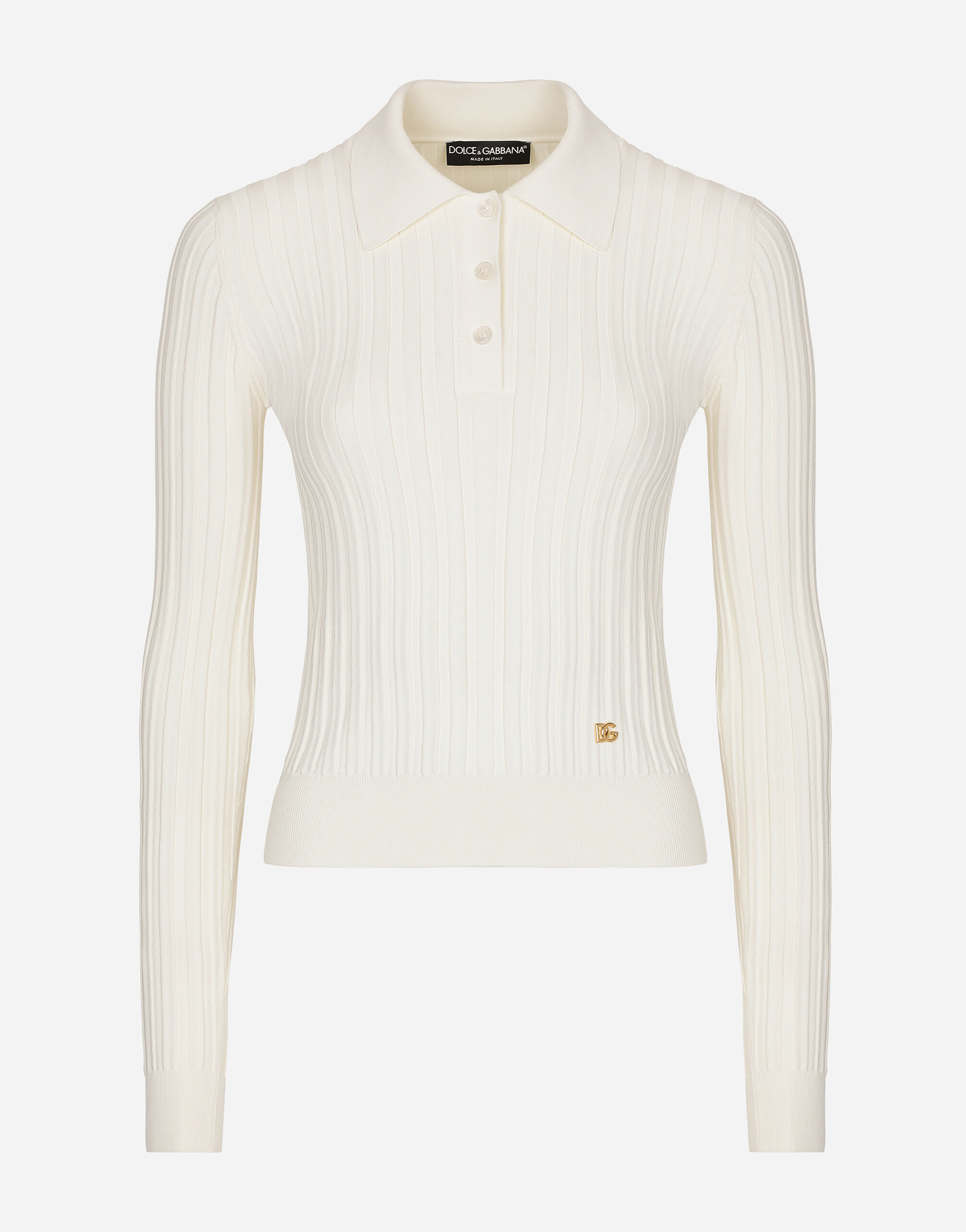 Dolce & Gabbana Cropped ribbed viscose polo-shirt with DG logo White FXW12TJFMEB