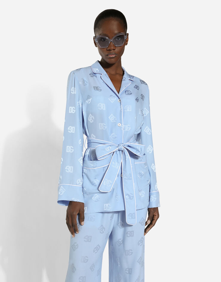 Dolce & Gabbana Long-sleeved silk satin jacquard pajama shirt with DG logo Azure F5I89TFJ1JO