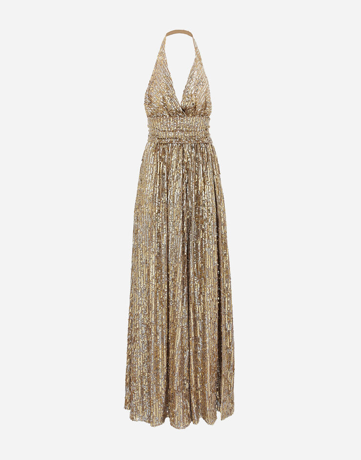 Dolce & Gabbana Long sequined dress with slit Gold F6JRATFLSIX