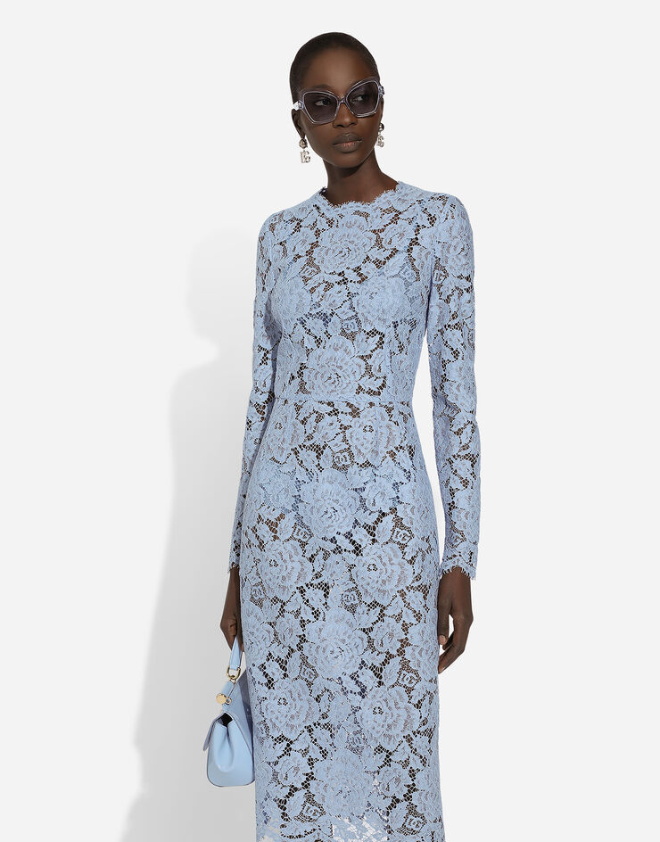 Dolce & Gabbana Calf-length sheath dress in branded floral cordonetto lace Light Blue F6M0DTHLM7L