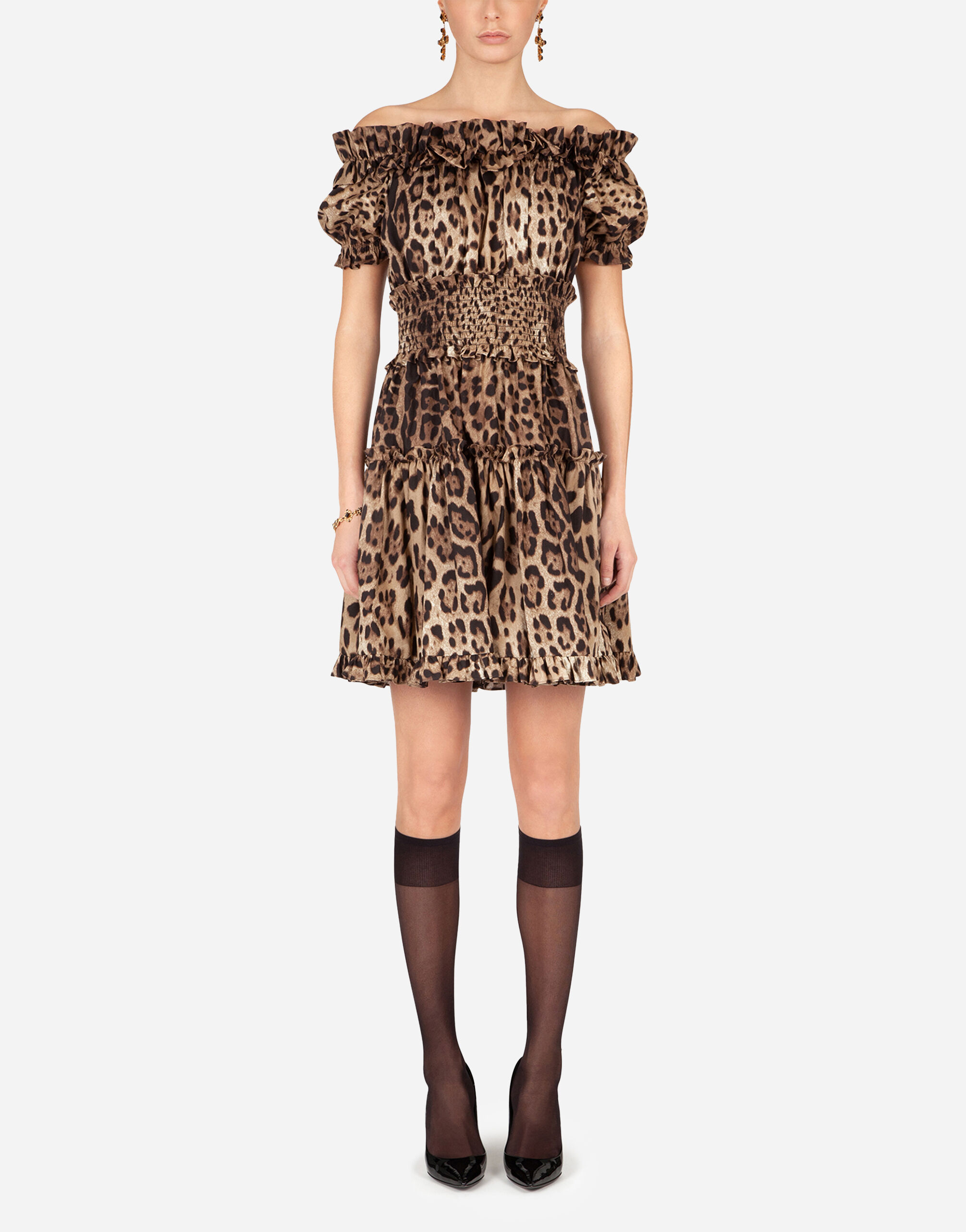Short leopard-print poplin dress in Multicolor for | Dolce&Gabbana® US