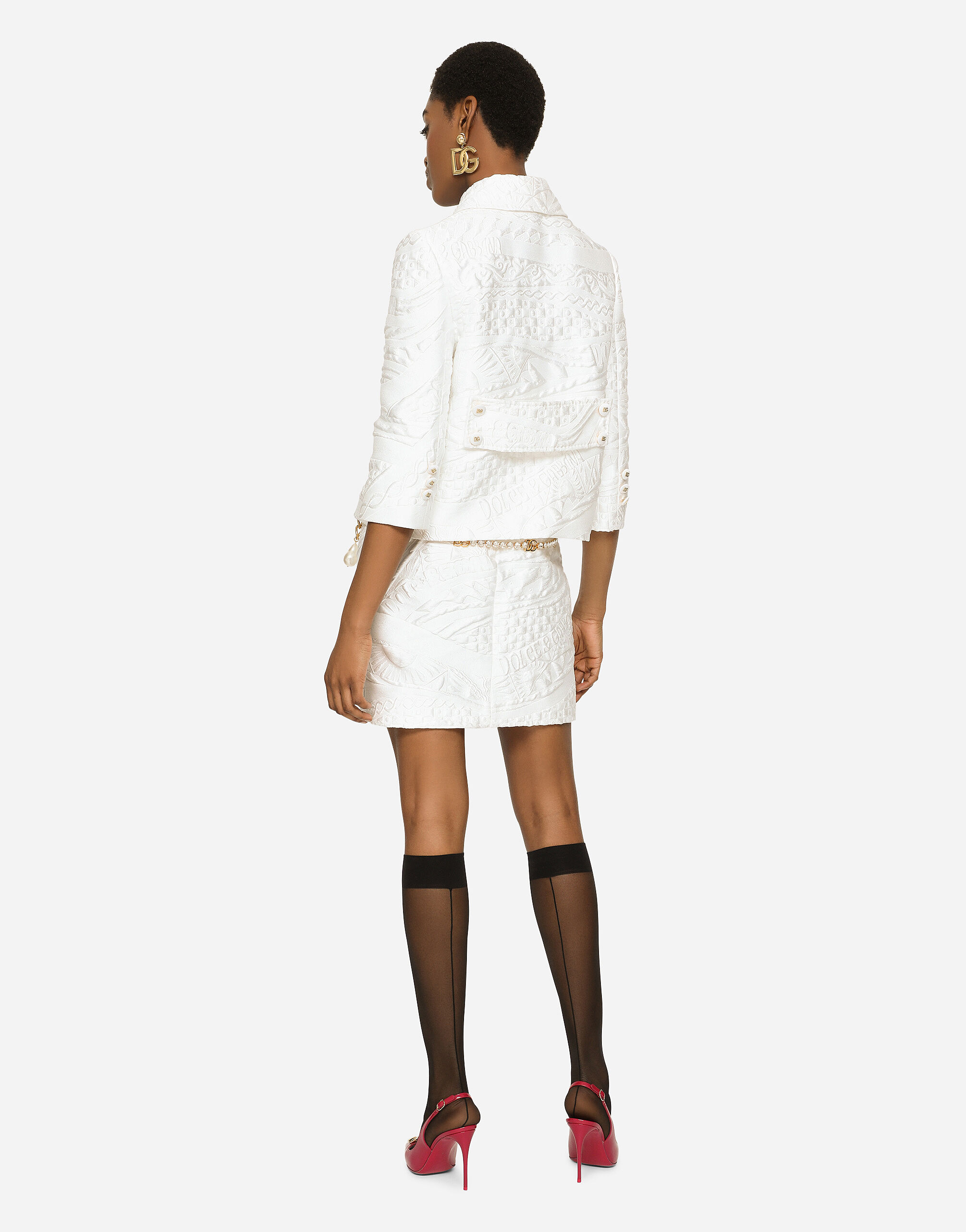 Dolce amp; Gabbana logo plaque bouclé A-line skirt - White