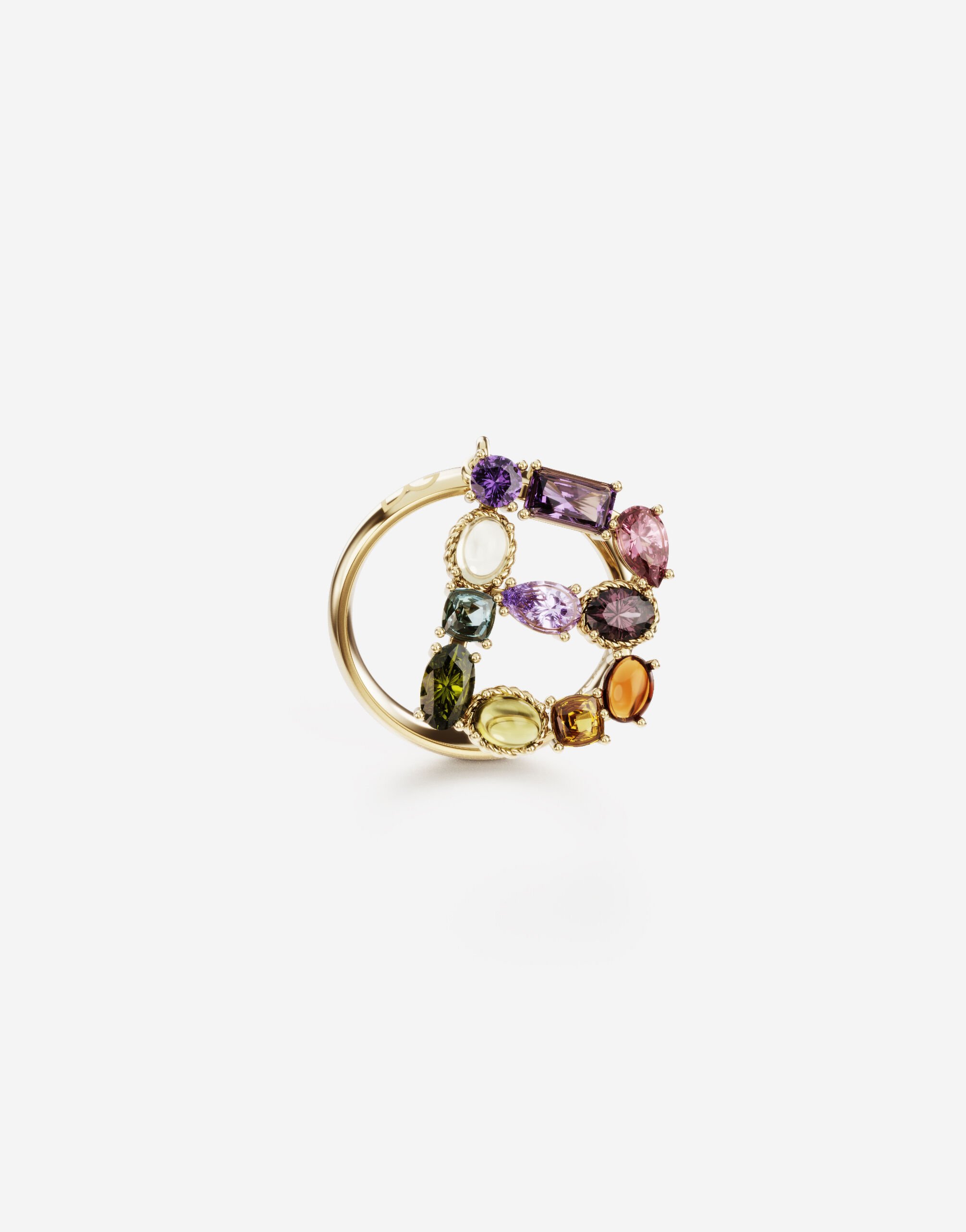 ${brand} Rainbow alphabet B ring in yellow gold with multicolor fine gems ${colorDescription} ${masterID}