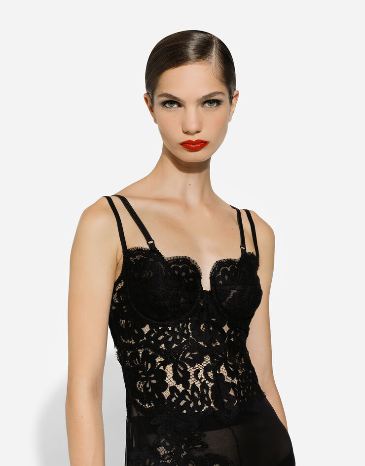 Dolce & Gabbana Langes Slip Dress aus Seidenchiffon und Chantilly-Spitze Schwarz F6JMETFU1AT