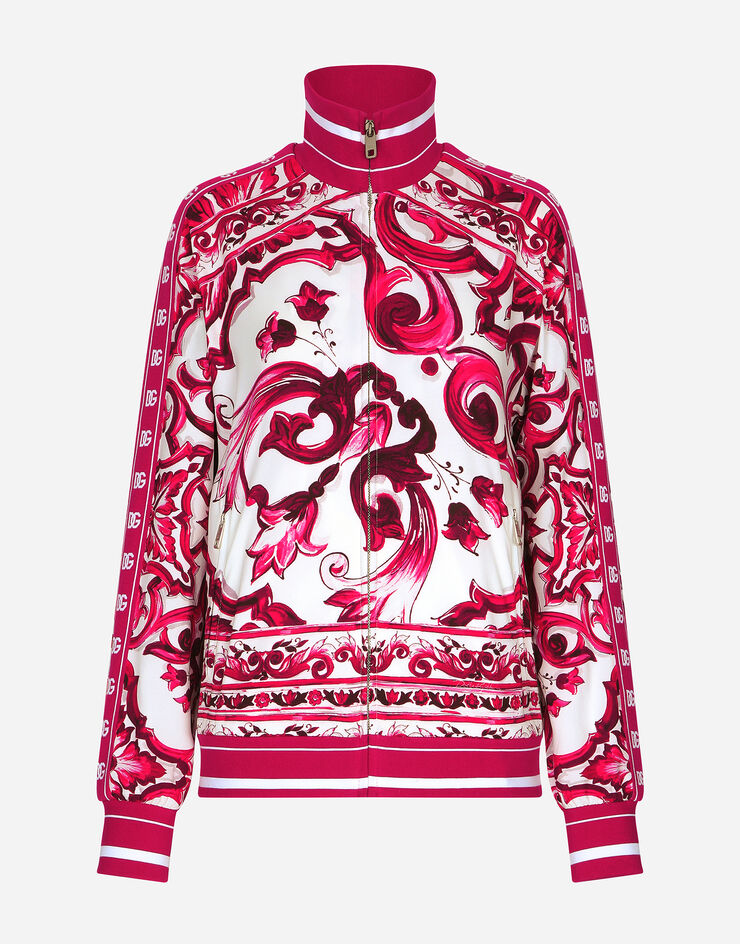 Dolce&Gabbana Zip-up cady sweatshirt with Majolica print Multicolor F9Q75TFPIAH