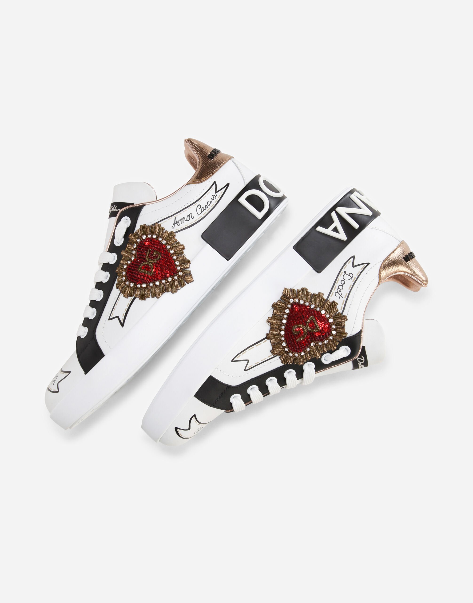 Dolce & Gabbana Printed calfskin nappa Portofino sneakers with embroidery  female WHITE
