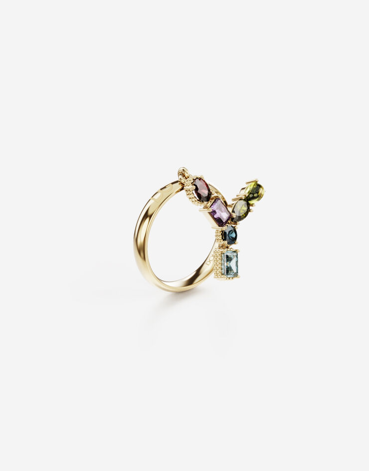 Dolce & Gabbana Rainbow alphabet Y ring in yellow gold with multicolor fine gems ORO WRMR1GWMIXY
