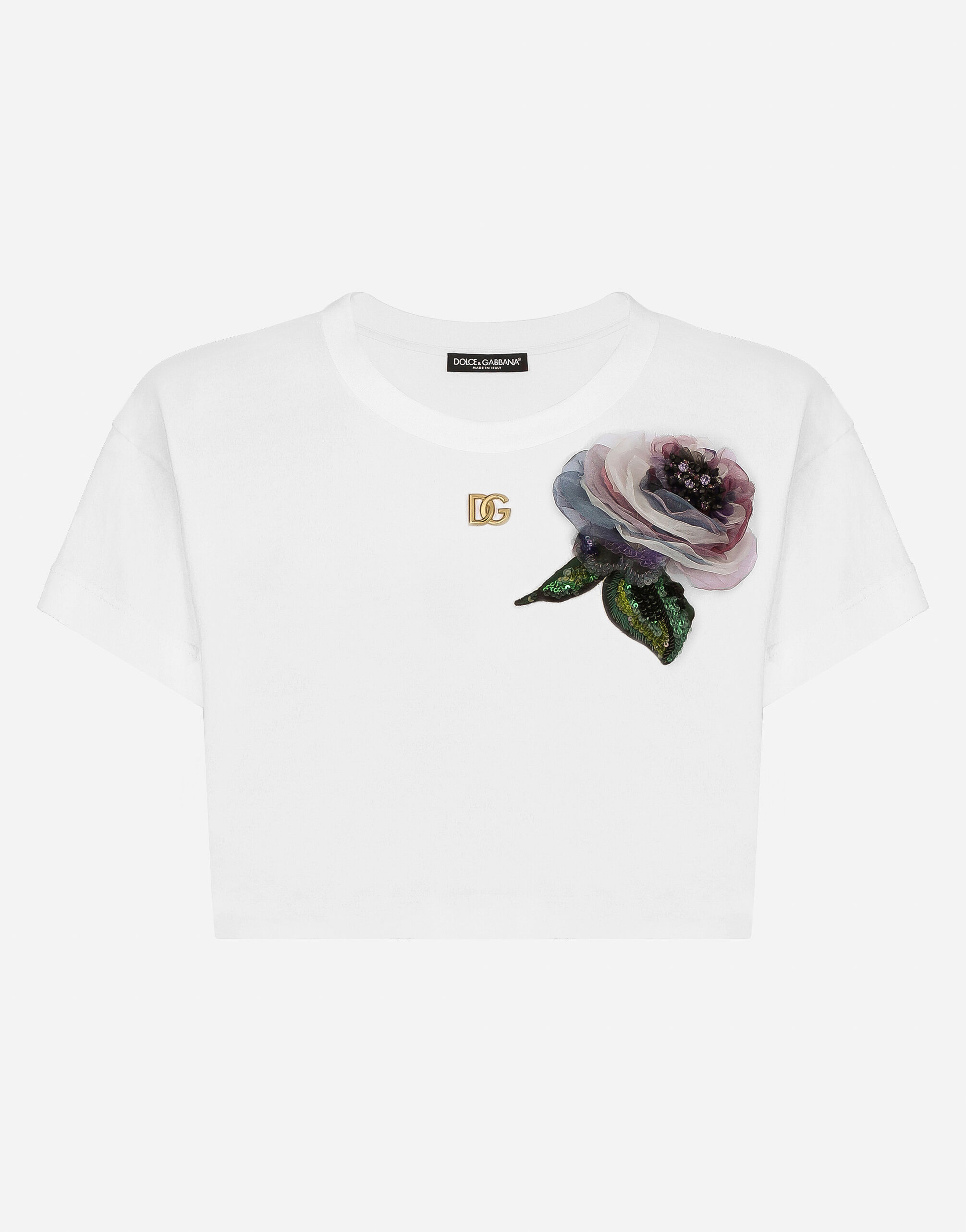 Dolce & Gabbana Cropped jersey T-shirt with flower appliqué White F8V06TGDCK6