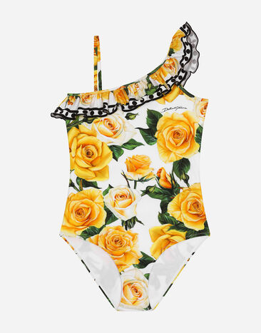 Dolce & Gabbana Bañador de tejido indesmallable con estampado de rosas amarillas Negro EP0097AQ970