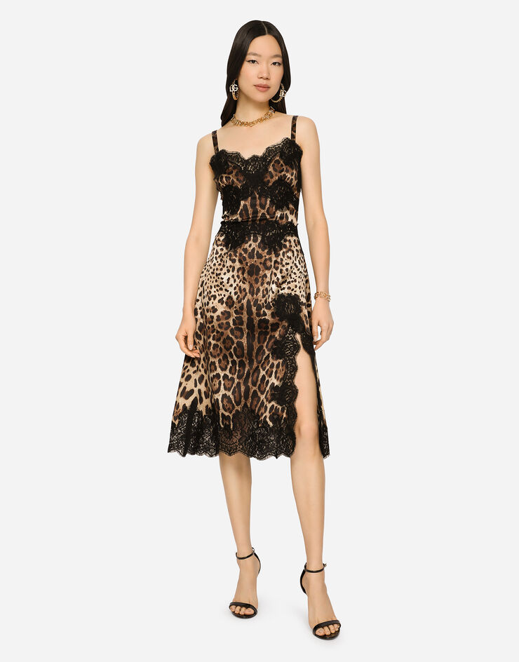 Leopard-print satin midi lingerie-style dress with lace trims in