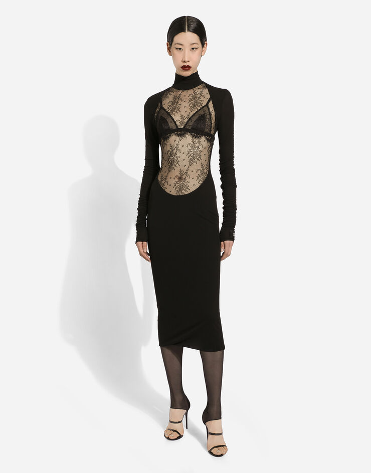 Dolce&Gabbana Jersey calf-length dress with Chantilly lace insert Black F6DJNTFU7DK