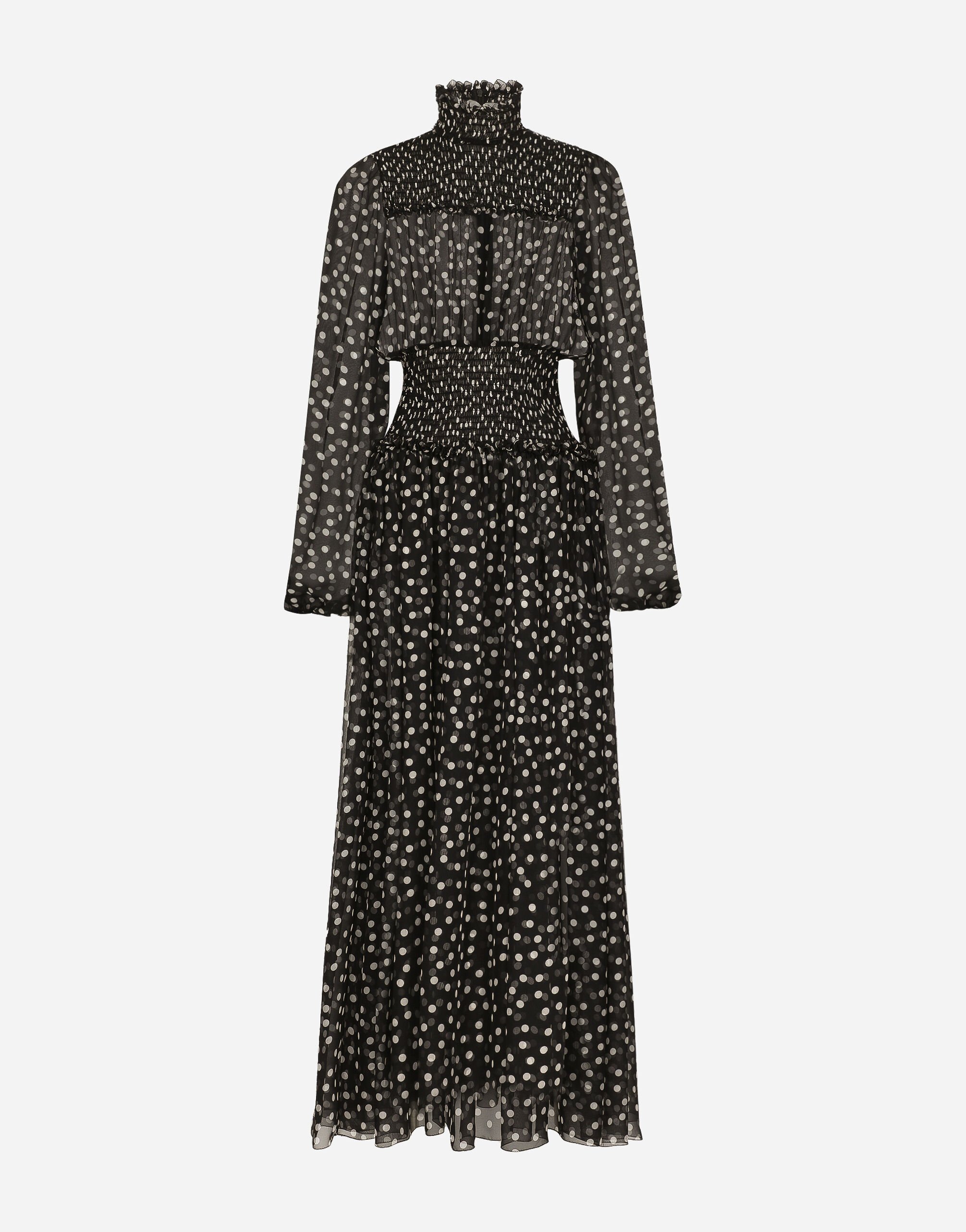 Chiffon midi dress with smock stitching and micro-polka dot print