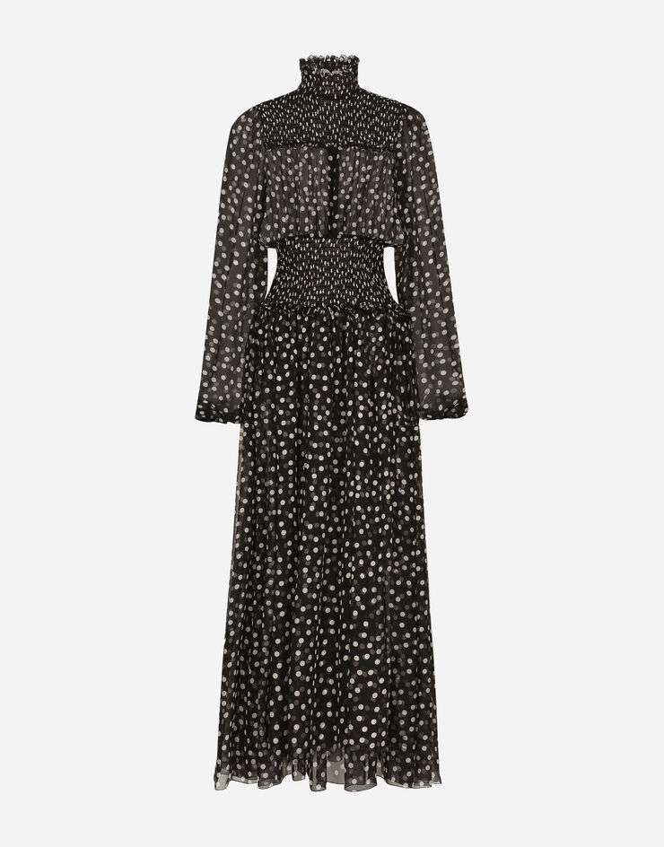 Chiffon midi dress with smock stitching and micro-polka dot print in ...