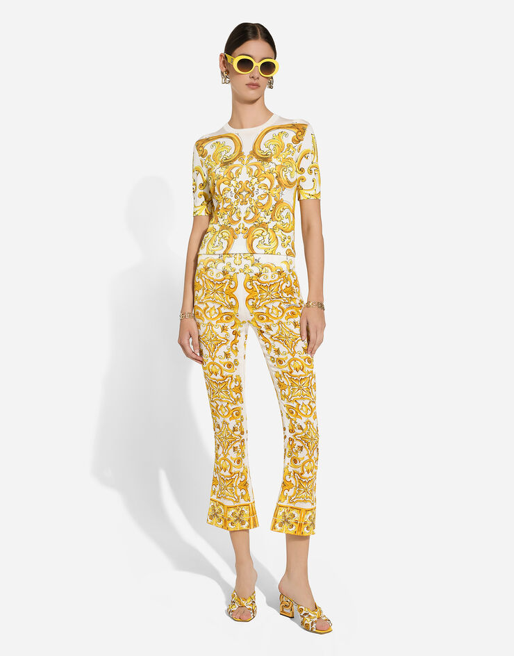 Dolce & Gabbana Trumpet-leg silk charmeuse pants with majolica print Print FTAG7THPABP