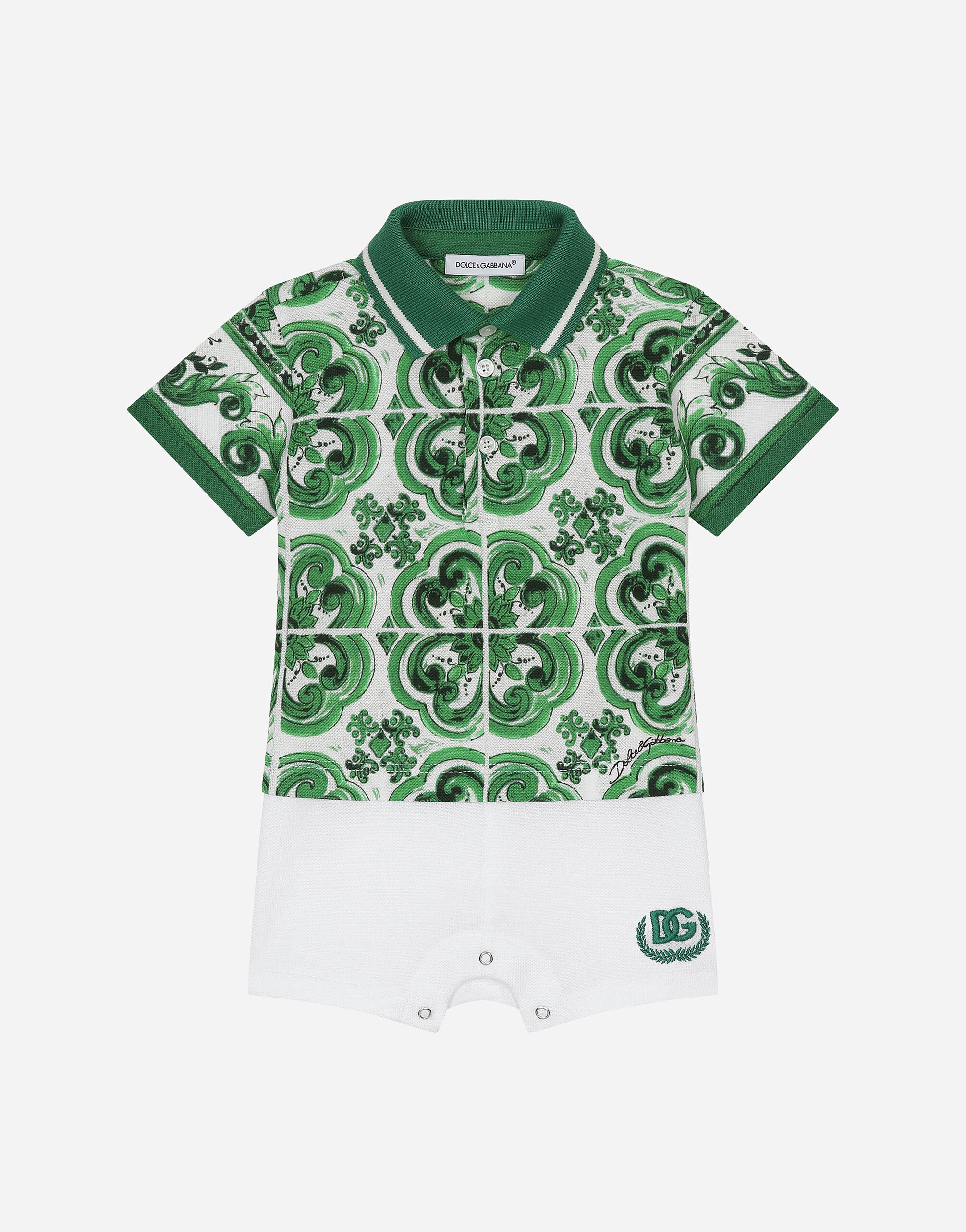 ${brand} Piqué onesie with green majolica print and DG logo ${colorDescription} ${masterID}
