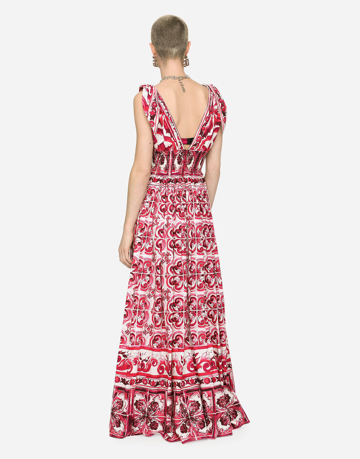 Dolce&Gabbana Langes Kleid aus Popeline Majolika-Print Mehrfarbig F6ADOTHH5AP