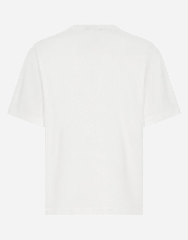 Dolce & Gabbana T-Shirt aus bedruckter Baumwolle mit Logostickerei Weiss G8PN9ZG7NYE