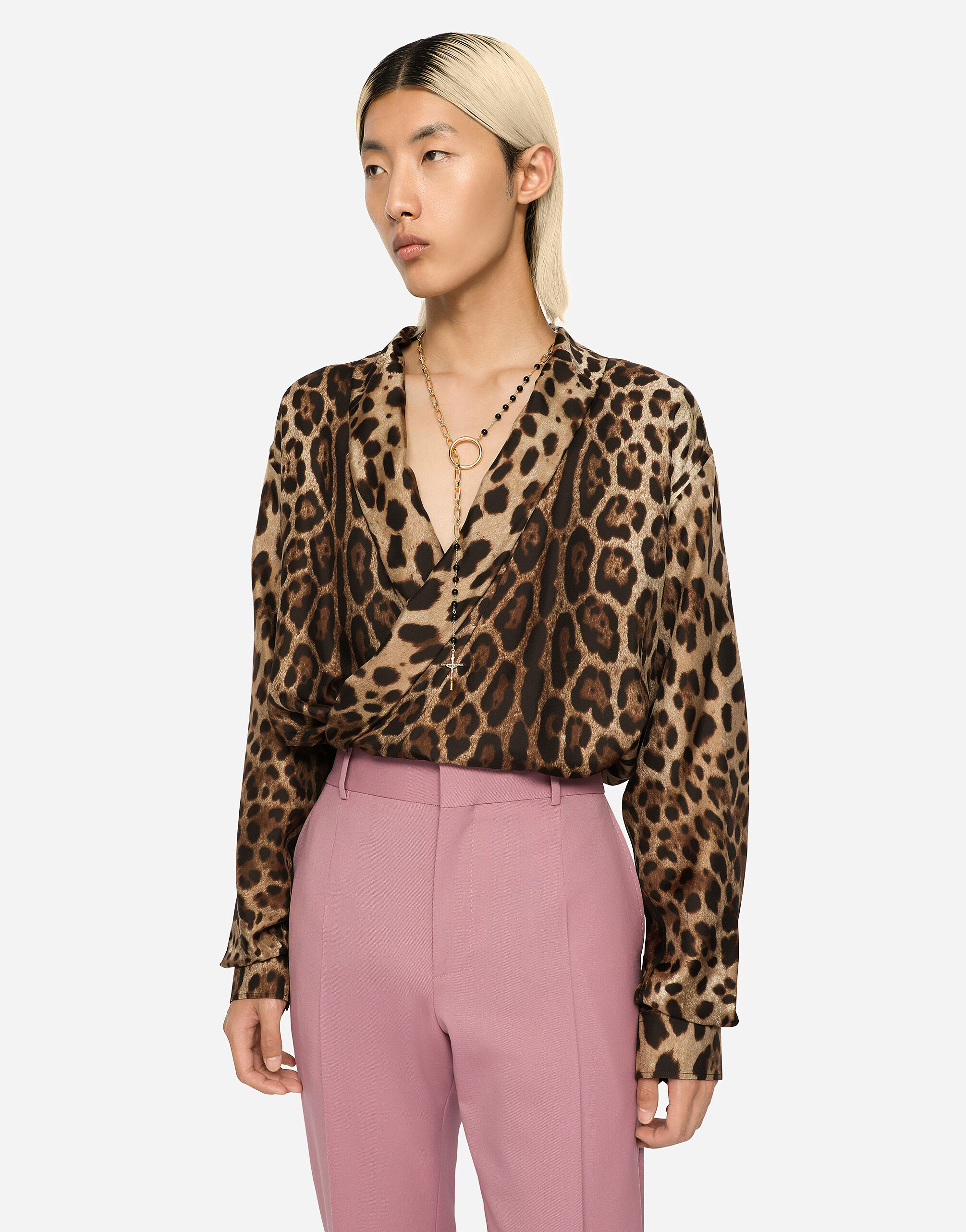 Oversize silk shirt with leopard print in Animal Print for Men