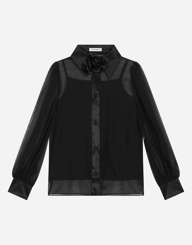 Dolce&Gabbana Long-sleeved chiffon shirt with flower appliqué Black L55S97G7K5F