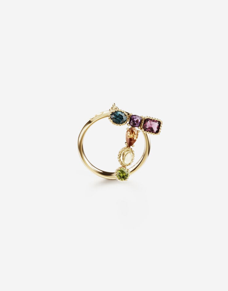 Dolce & Gabbana Rainbow alphabet T ring in yellow gold with multicolor fine gems ORO WRMR1GWMIXT