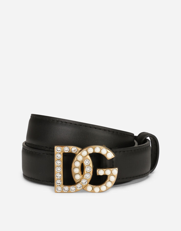 Calfskin belt with DG logo with rhinestones and pearls in Multicolor for