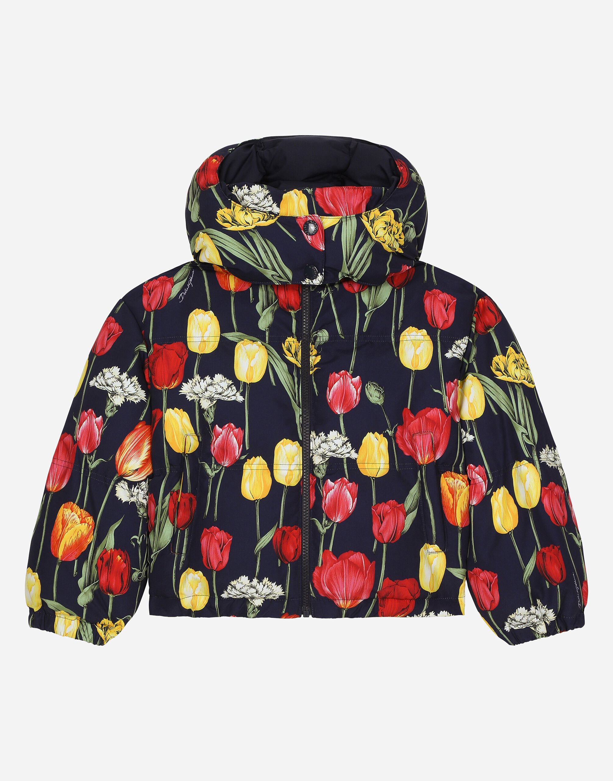 ${brand} Short nylon down jacket with tulip print ${colorDescription} ${masterID}
