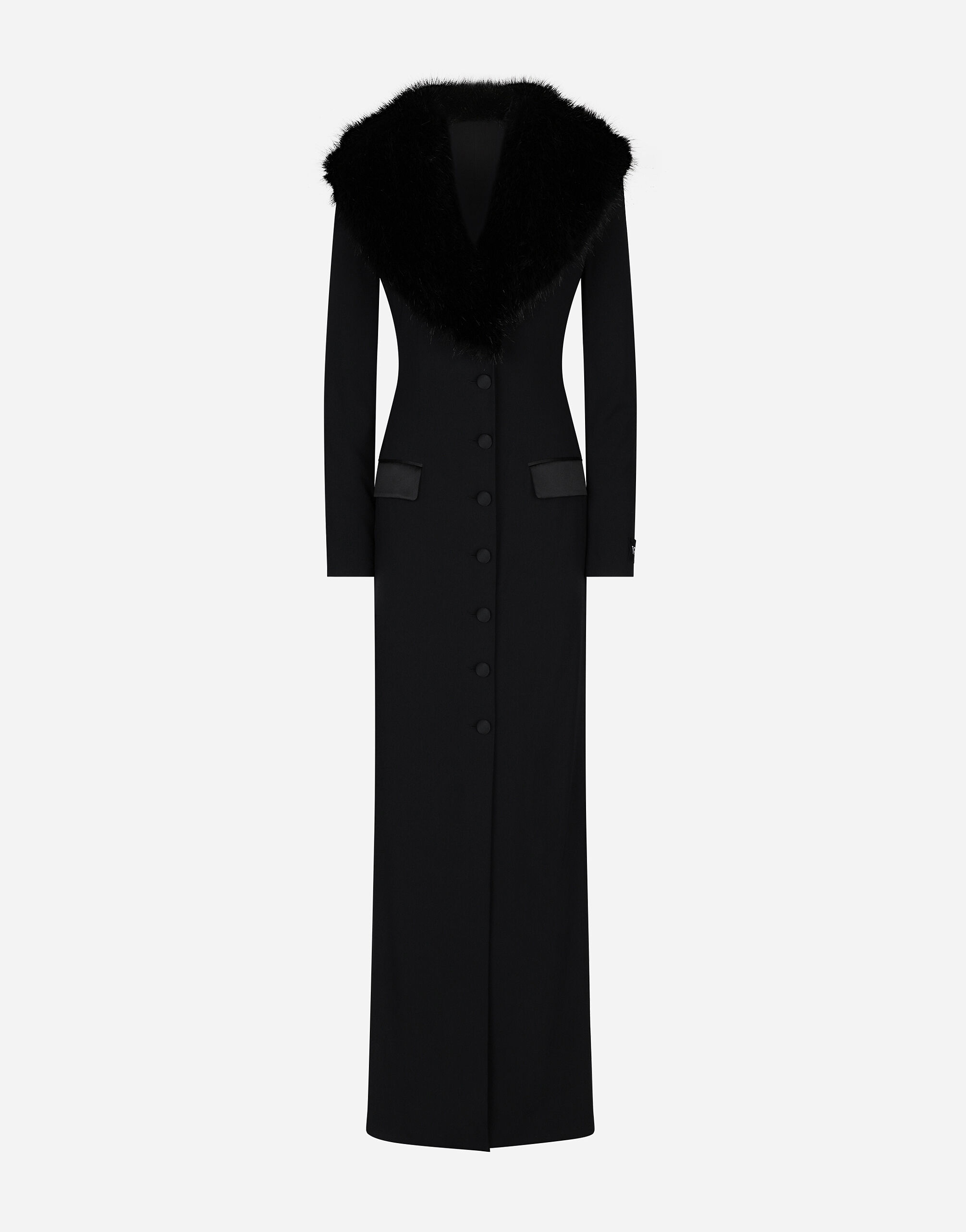 Dolce&Gabbana Long silk georgette coat with faux fur collar Black FTC17TFUBGB