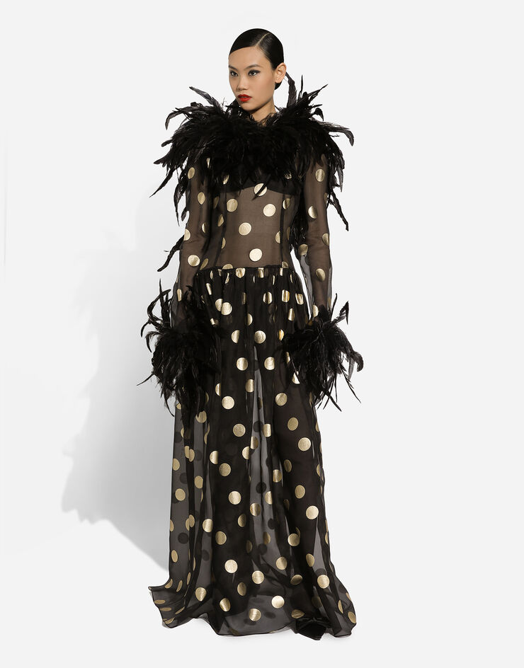 Dolce & Gabbana Long polka-dot silk organza dress with feathered details Print F6JRMTHS100