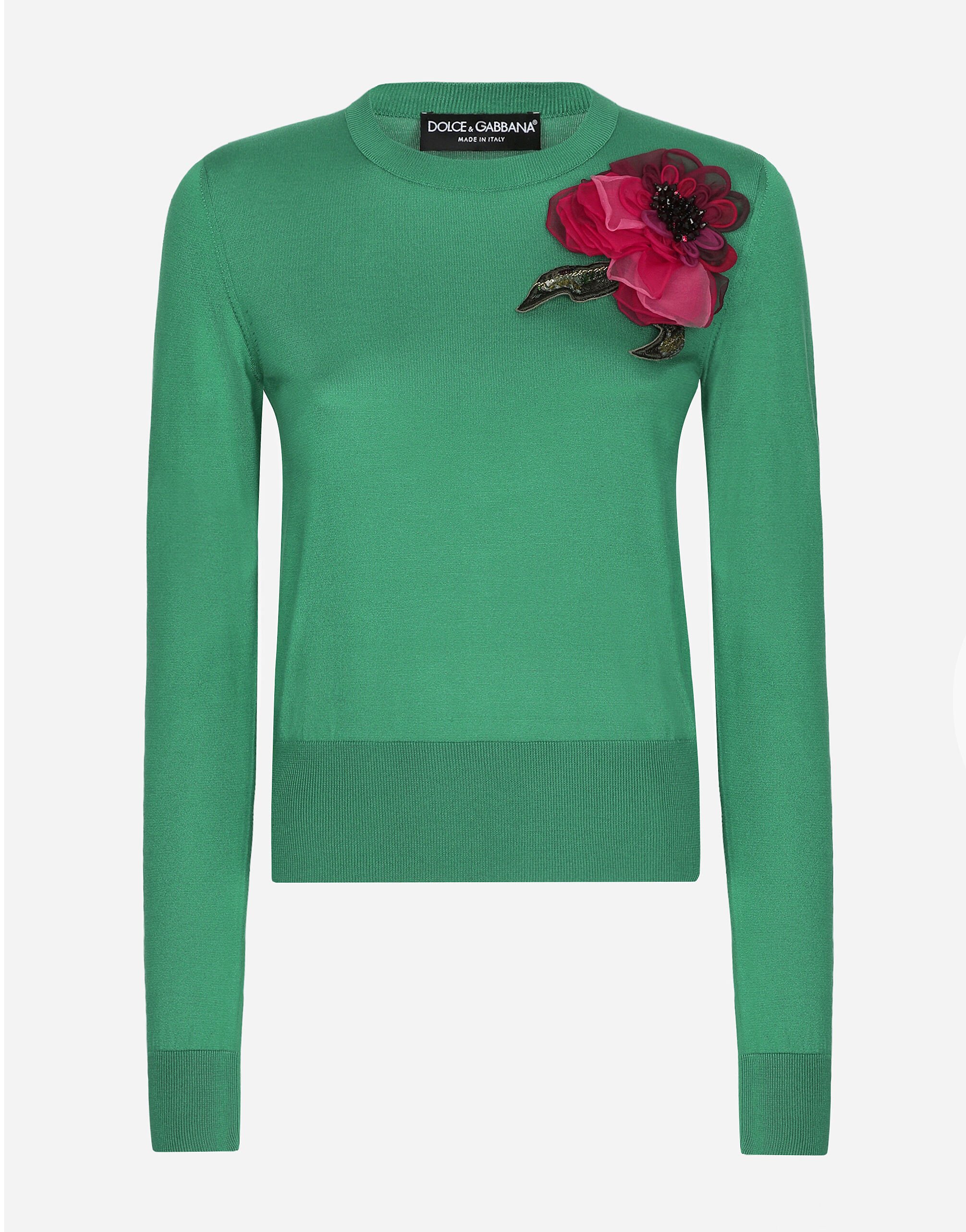 Dolce & Gabbana Silk sweater with flower appliqué White FXW12TJFMEB