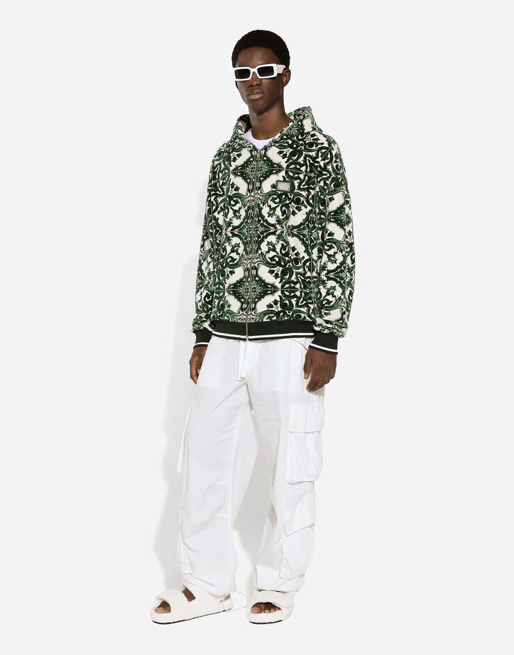 Dolce & Gabbana Sweat-shirt à capuche, fermeture zippée et imprimé majoliques Imprimé G9AYCTHJMP9