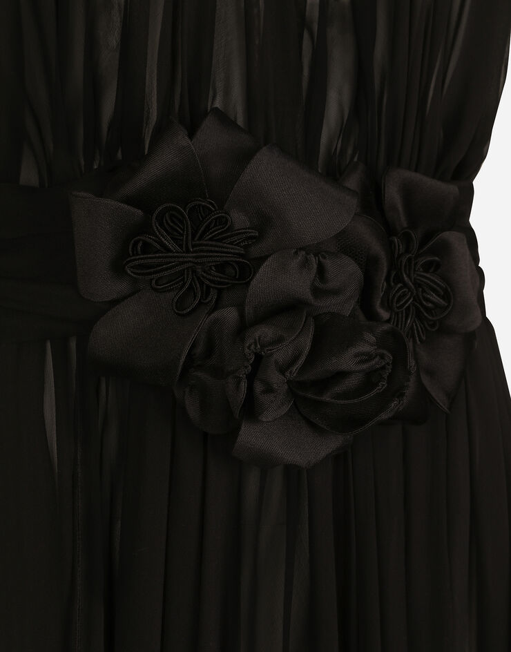 Dolce&Gabbana Long silk chiffon dress with floral appliqué Nero F6DJSTFU1AT
