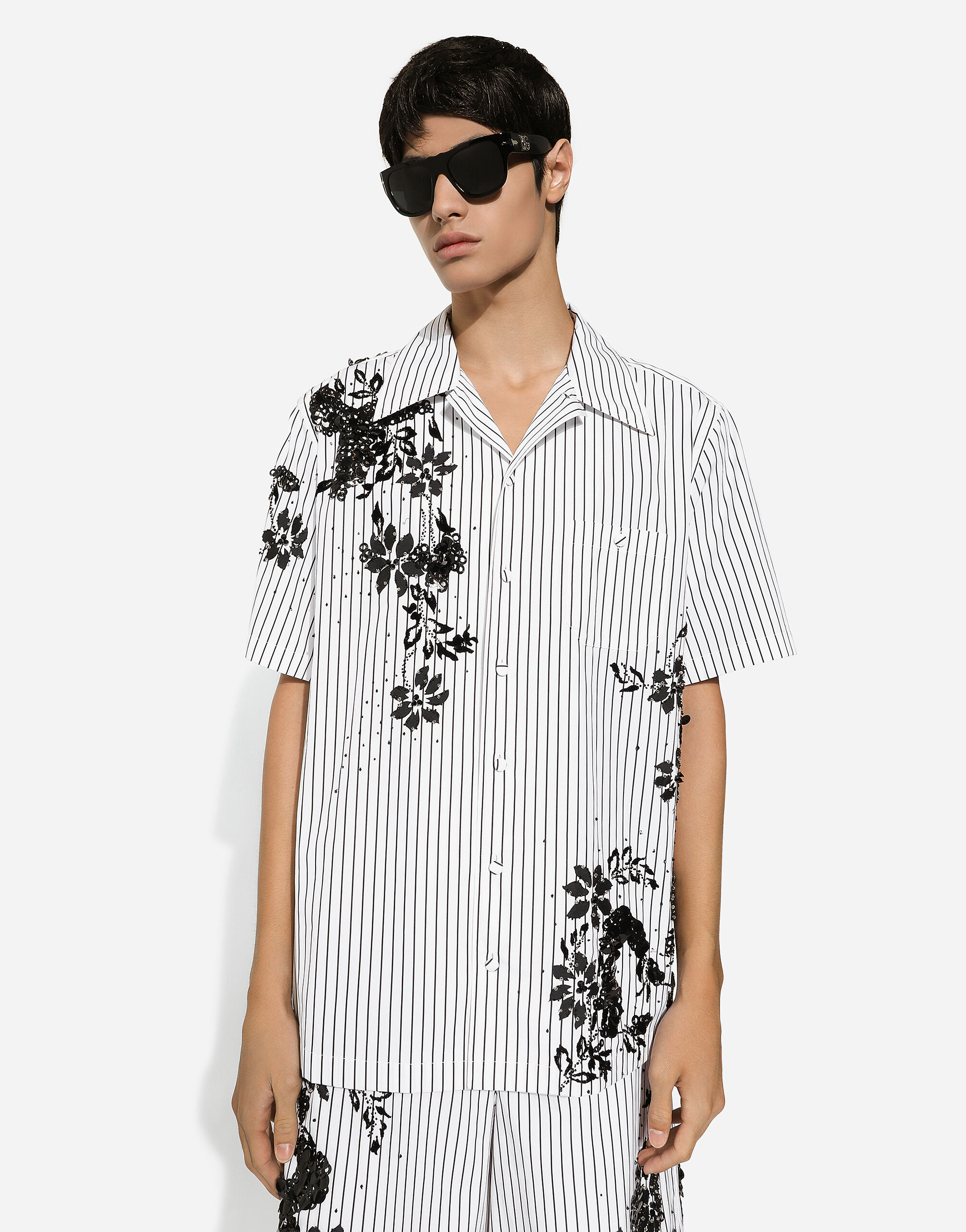 Striped poplin Hawaiian shirt with embroidery