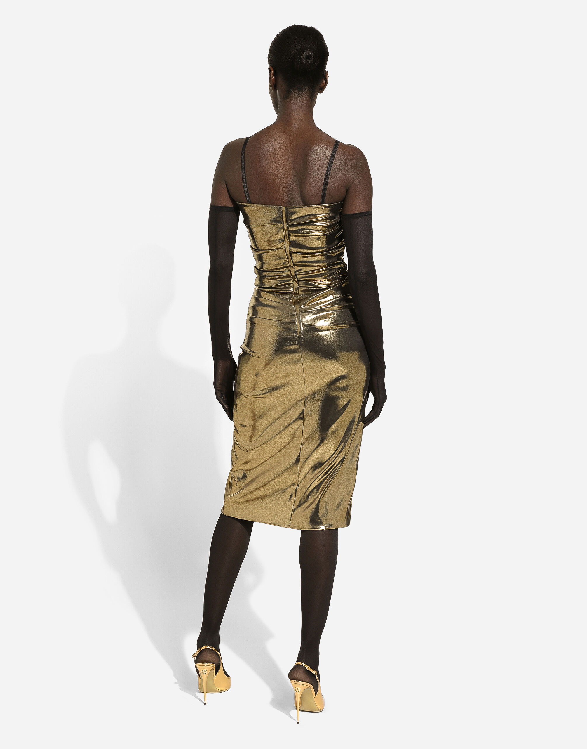 Foiled satin strapless calf-length dress in Gold for 