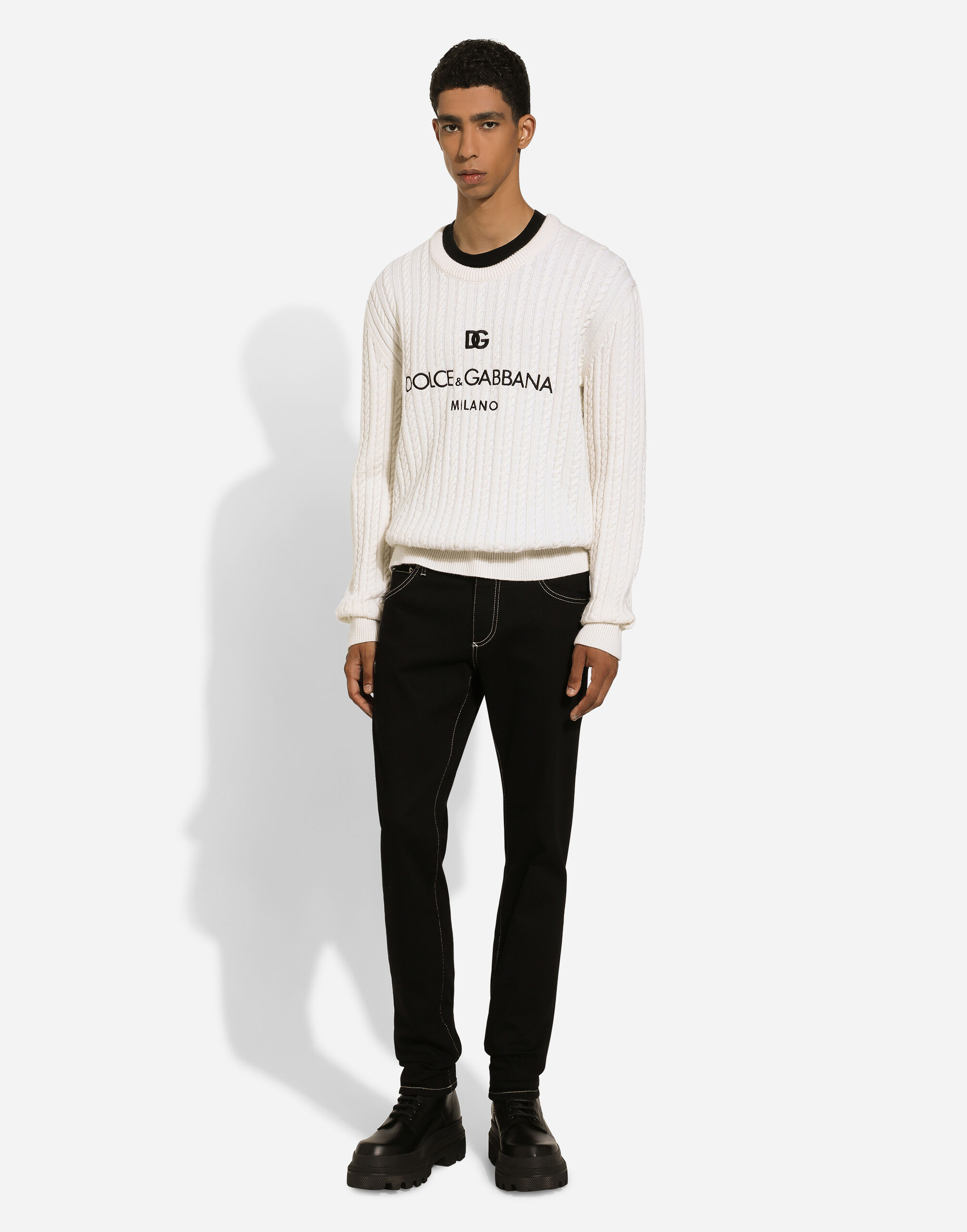 Wool round-neck sweater with logo embroidery