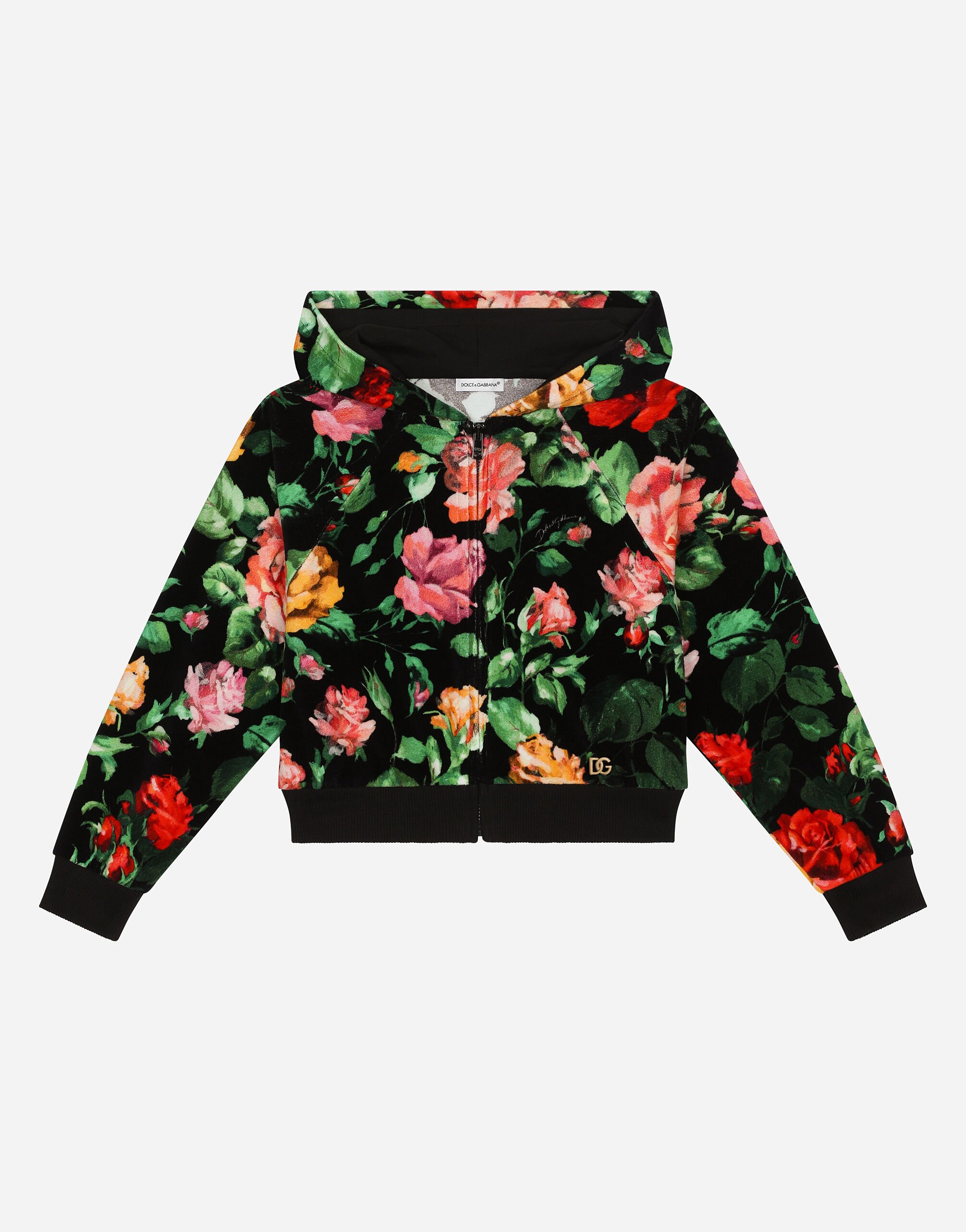 ${brand} Sudadera de felpa con capucha y estampado de rosas sobre fondo negro ${colorDescription} ${masterID}