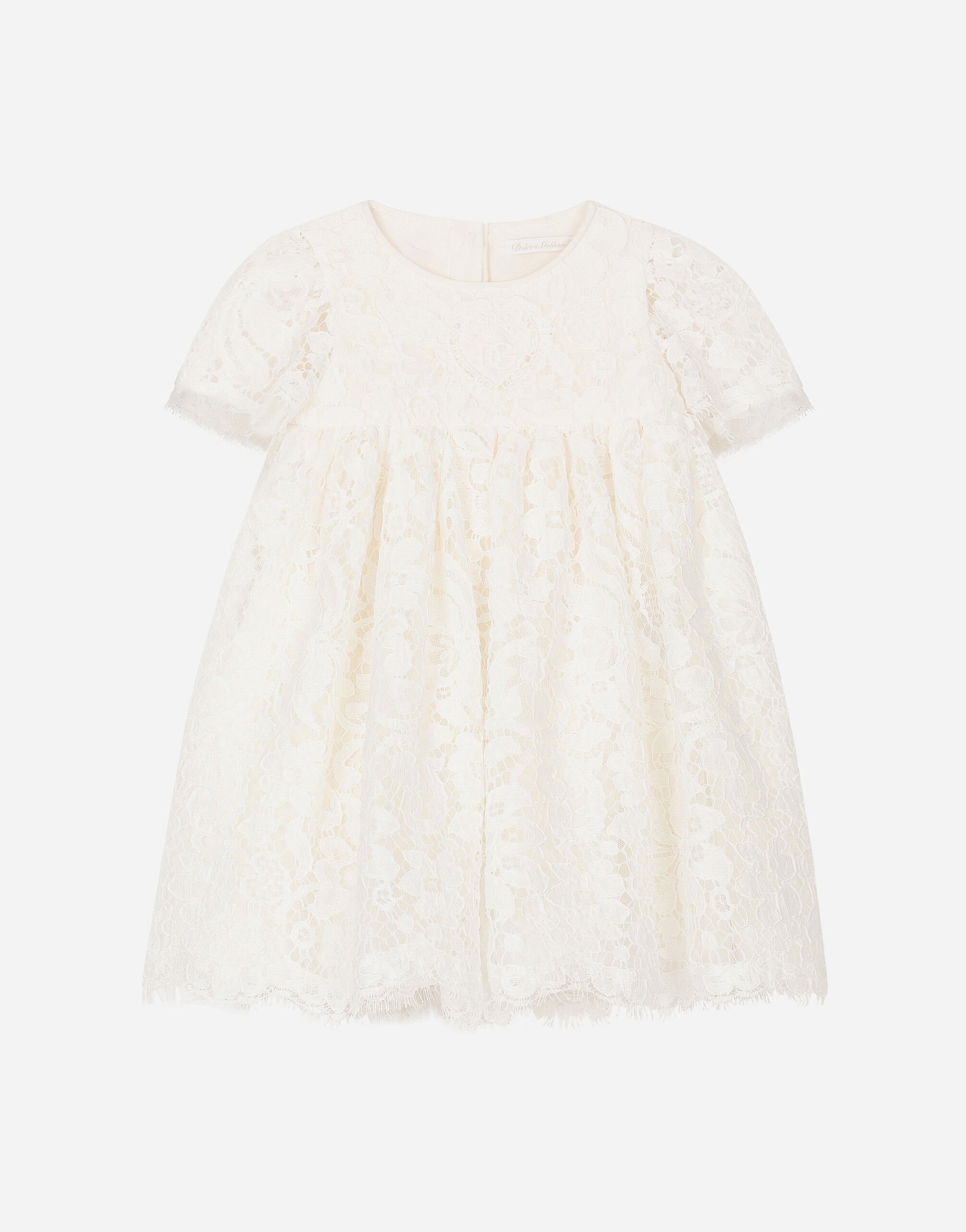Dolce & Gabbana فستان تعميد من الدانتيل من خط الامبراطورية مع أكمام قصيرة أبيض L0EGG2FU1L6