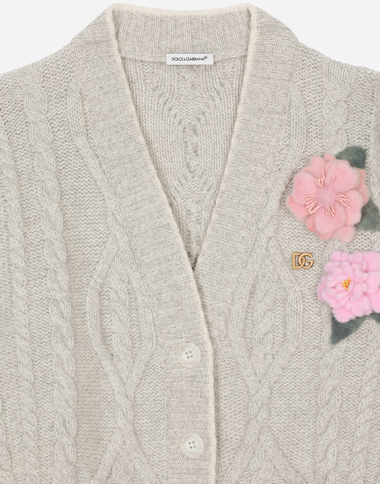 Dolce & Gabbana Cable-knit cardigan with DG logo and floral detailing Multicolor L5KWH3JFMJA