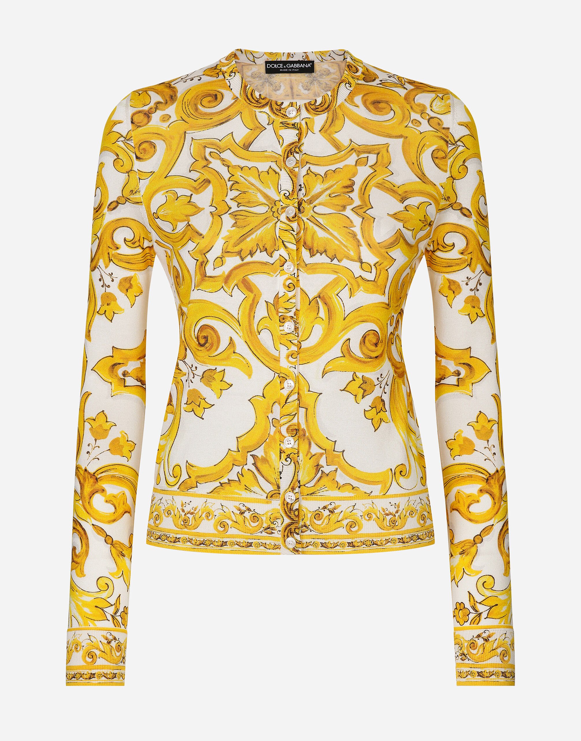 Dolce & Gabbana Long-sleeved silk cardigan with majolica print White FXW12TJFMEB