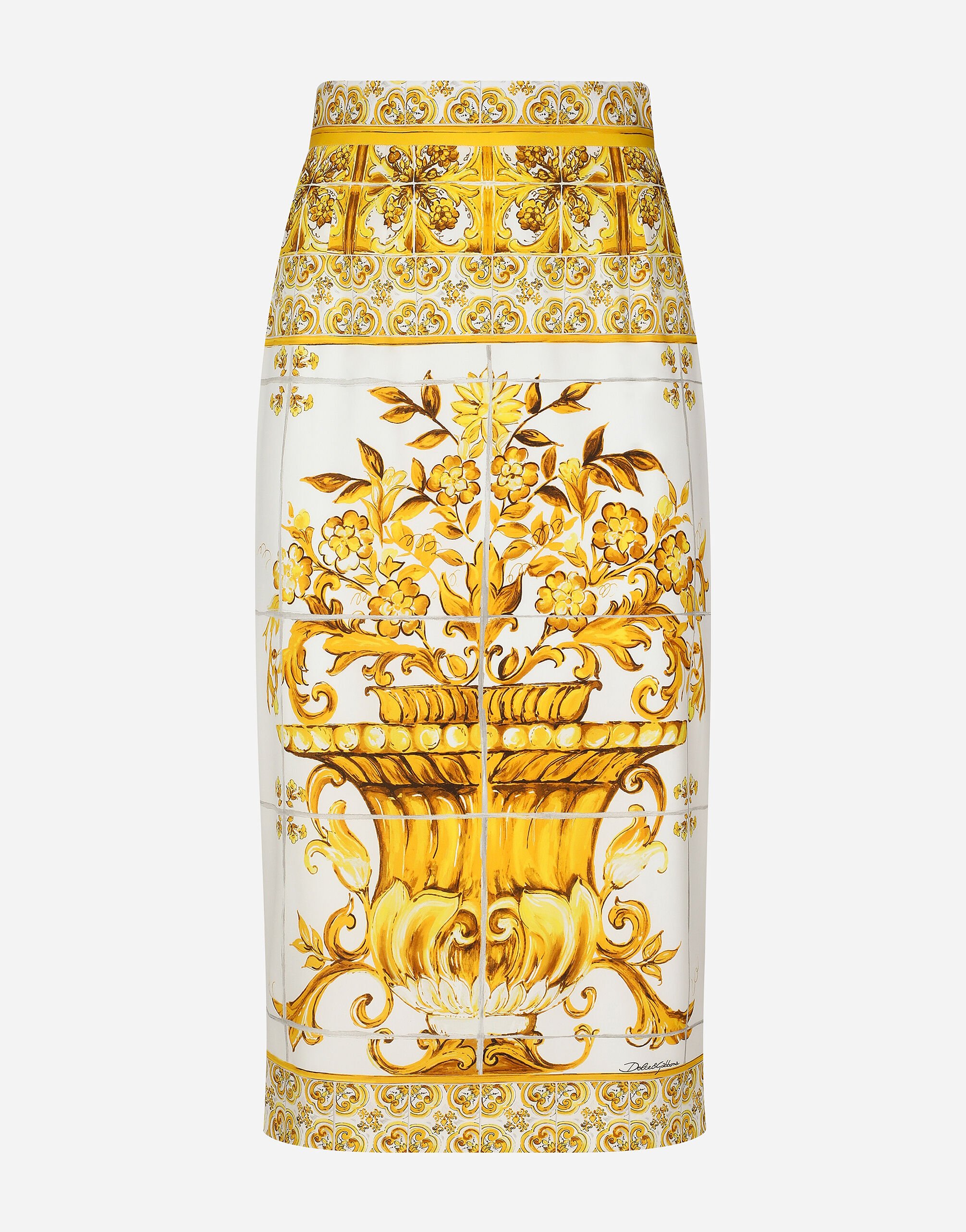 Dolce & Gabbana Jupe mi-longue en charmeuse de soie à imprimé majoliques Imprimé F4CUNTFPTAX