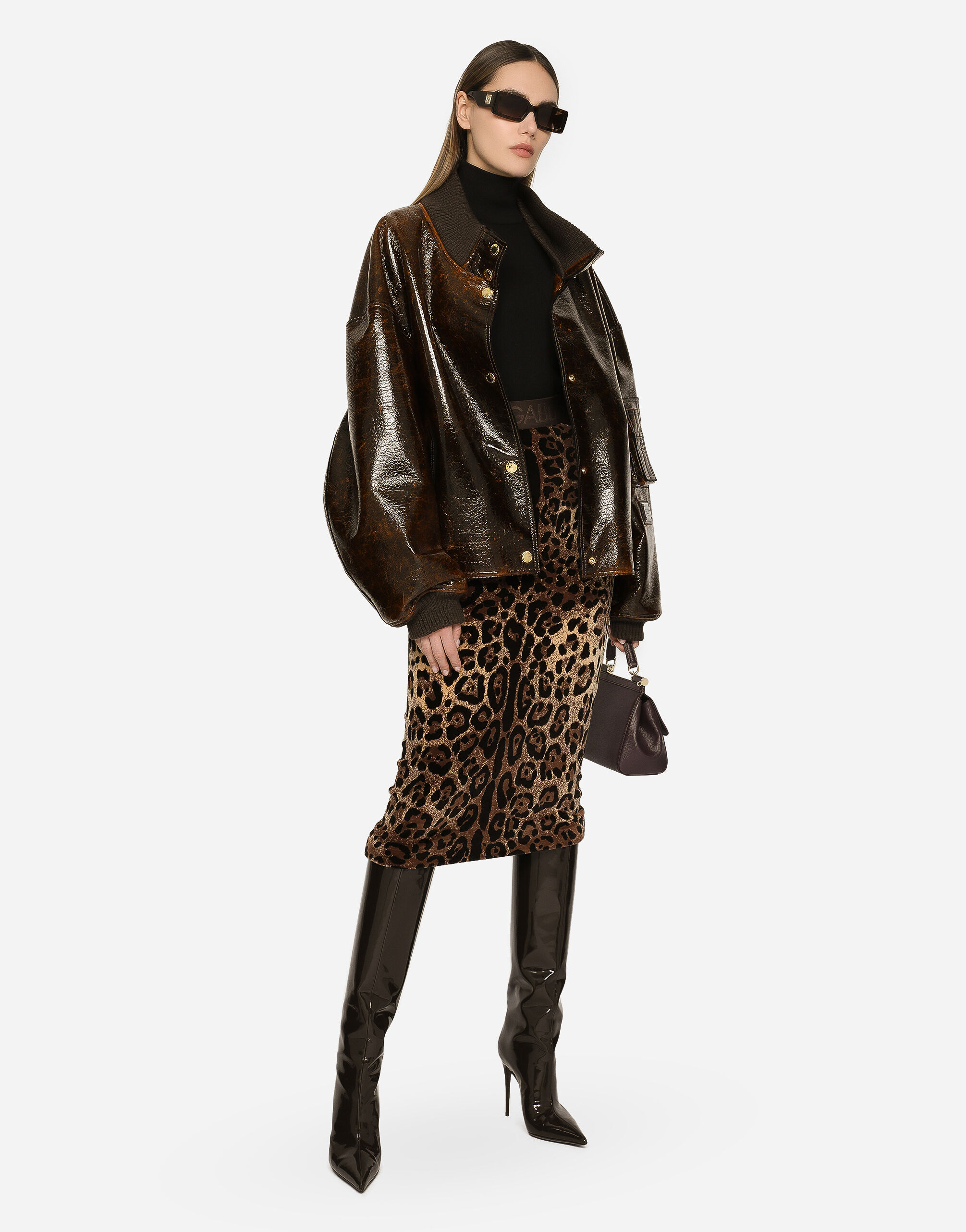 Dolce&Gabbana Chenille calf-length skirt with jacquard leopard design  female Multicolor