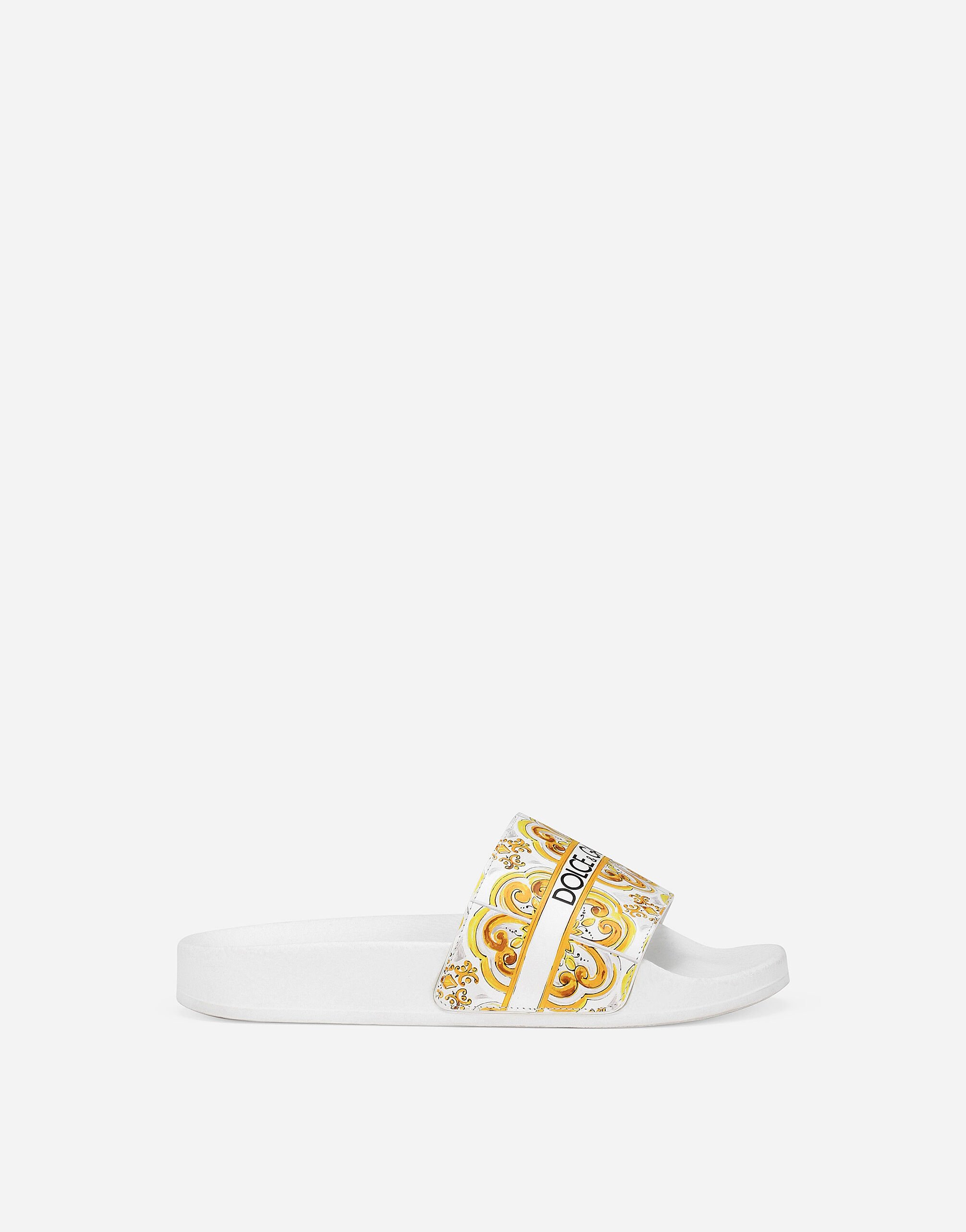 Dolce & Gabbana Calfskin beach sliders with the yellow majolica print Multicolor DA5181AN571