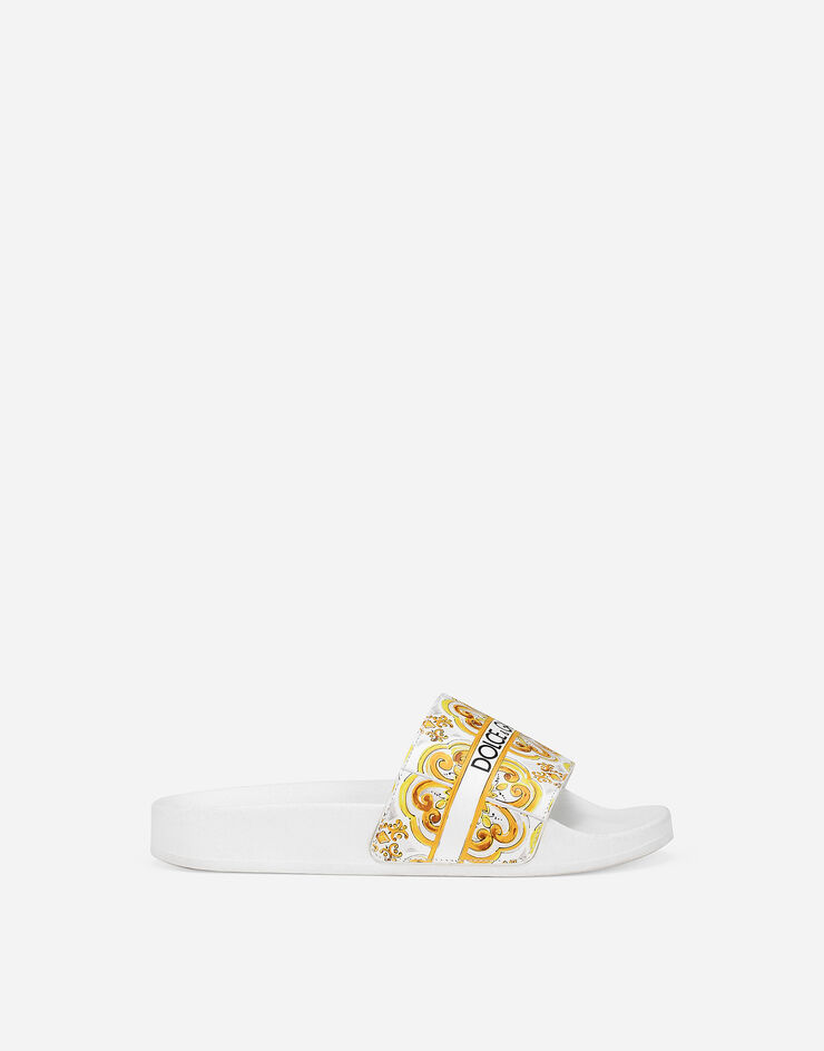 Dolce & Gabbana Пляжные шлепанцы из телячьей кожи с желтым принтом майолики желтый D10705A1838